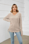 Drawstring Ribbed Long Sleeve T-Shirt Beige Women's T-Shirts - Tophatter Daily Deals