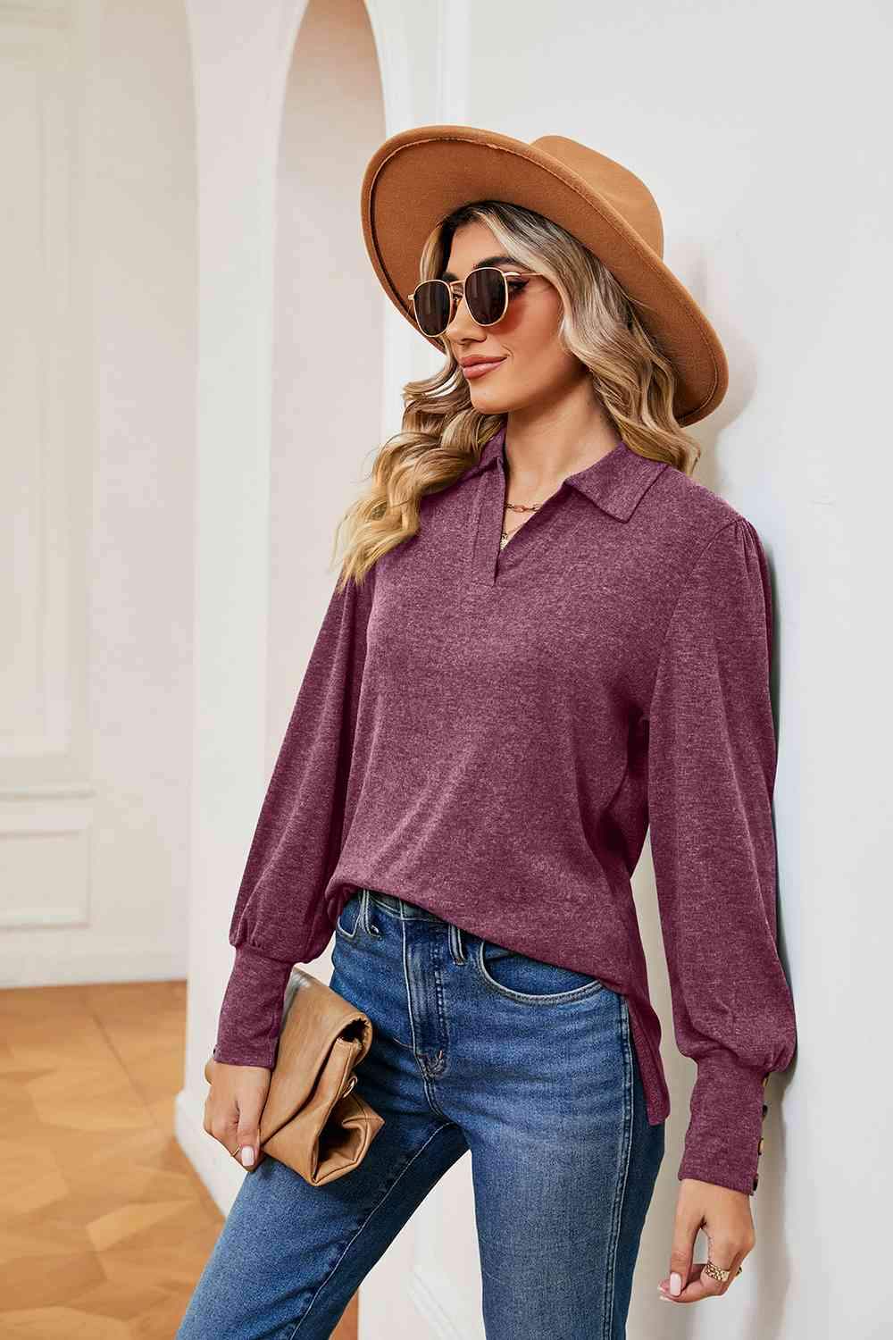 Johnny Collar Long Sleeve Top Blouses - Tophatter Daily Deals