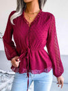 Swiss Dot Frill Trim Drawstring Waist Peplum Blouse Wine Blouses - Tophatter Daily Deals