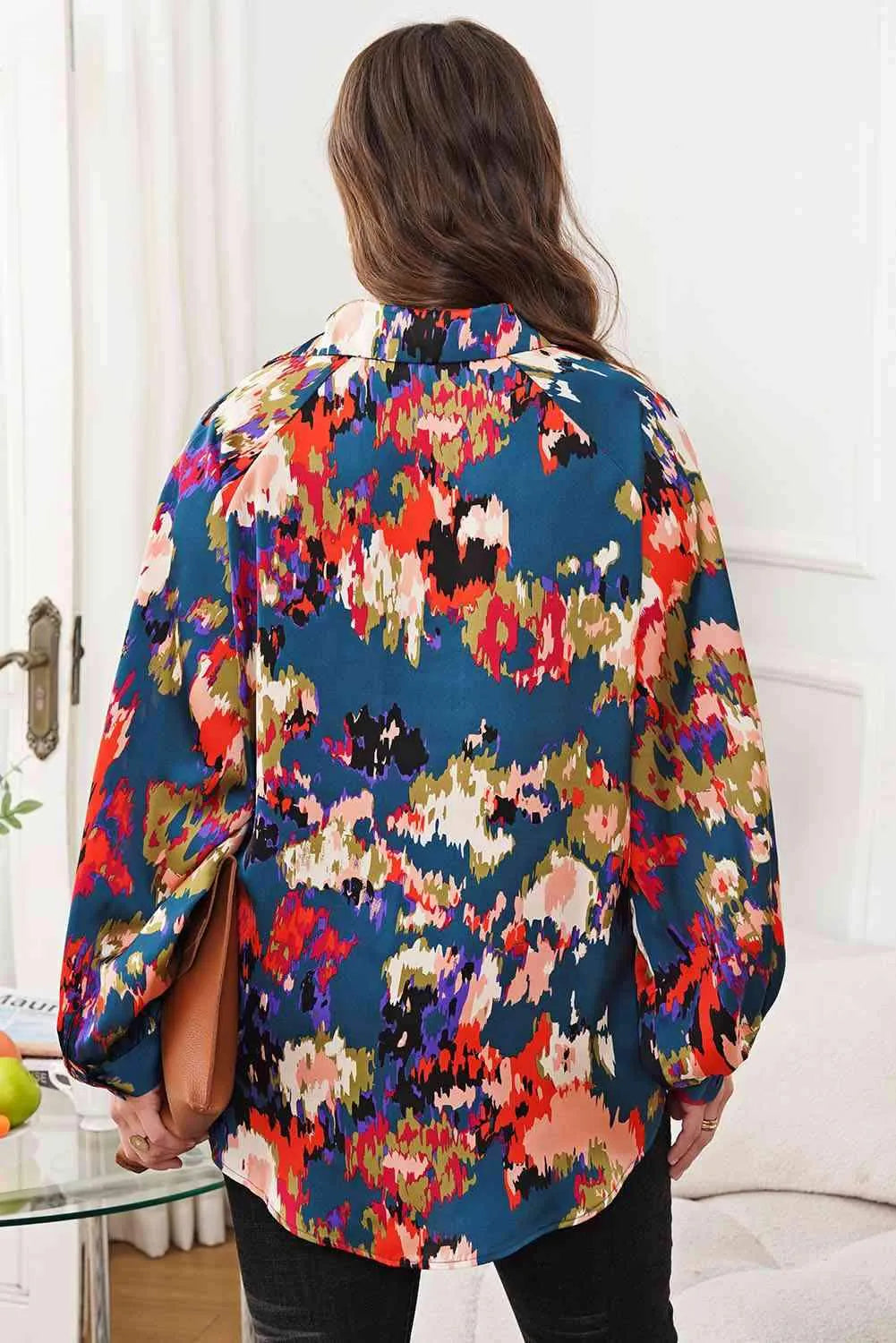 Printed Johnny Collar Raglan Sleeve Blouse Blouses - Tophatter Daily Deals