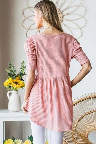 Heimish Full Size Waffle Knit V-Neck Babydoll Top Blouses - Tophatter Daily Deals