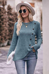 Double Take Ribbed Round Neck Buttoned Long Sleeve Tee Cloudy Blue Women's T-Shirts - Tophatter Daily Deals