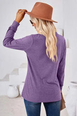 Notched Button Detail Long Sleeve T-Shirt Women's T-Shirts - Tophatter Daily Deals