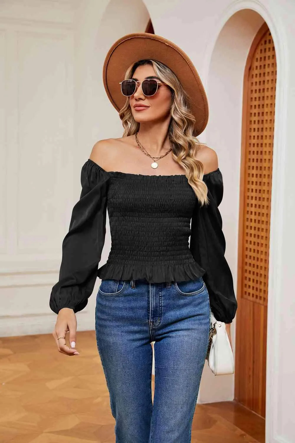 Smocked Off-Shoulder Ruffle Hem Blouse Blouses - Tophatter Daily Deals