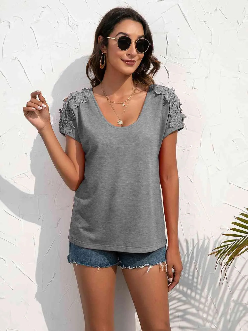 Spliced Lace Cold-Shoulder Blouse Gray Dawn Blouses - Tophatter Daily Deals