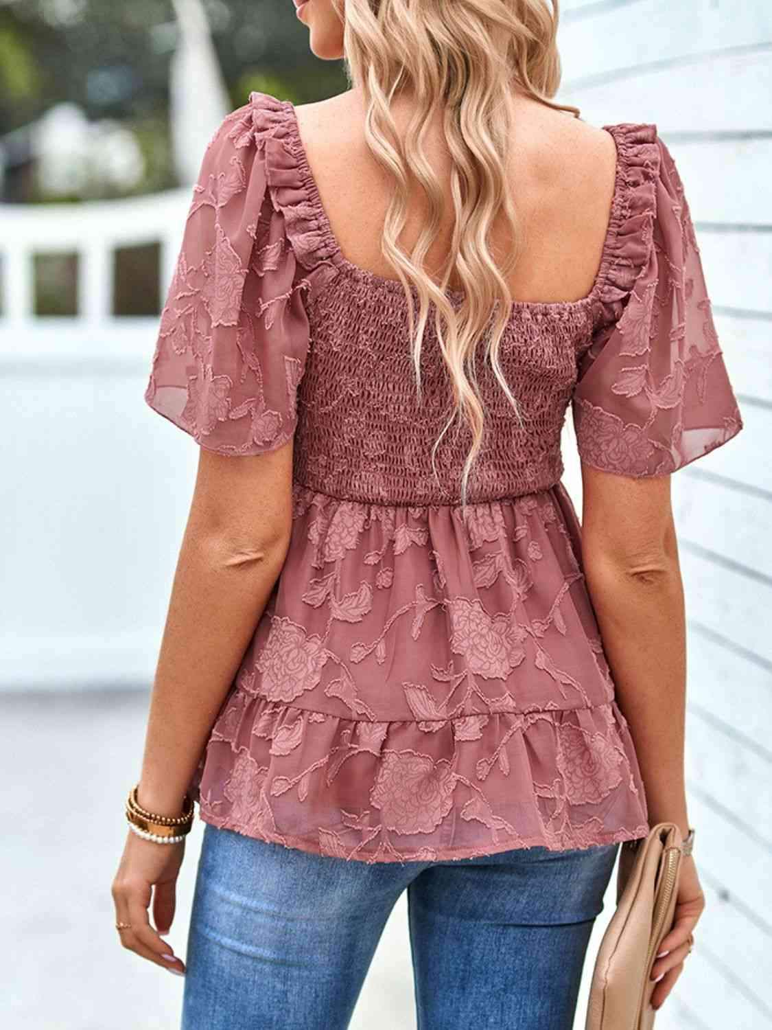 Smocked Square Neck Babydoll Blouse Blouses - Tophatter Daily Deals