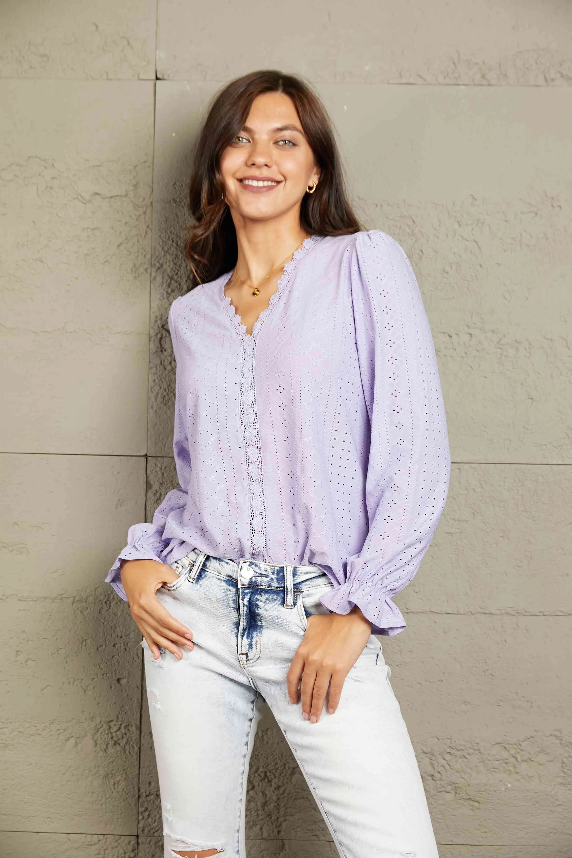 Double Take Eyelet V-Neck Flounce Sleeve Blouse Blouses - Tophatter Daily Deals