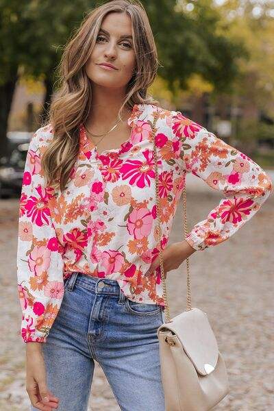 Floral V-Neck Frill Long Sleeve Blouse Floral Blouses - Tophatter Daily Deals