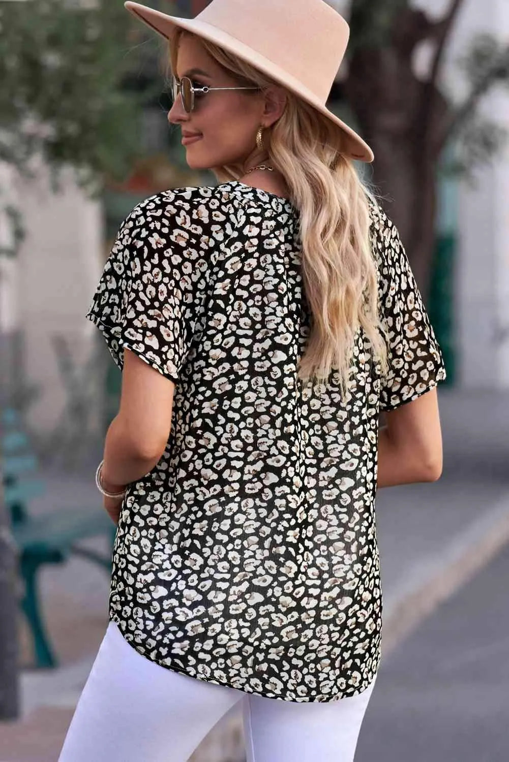 Floral Notched Neck Flutter Sleeve Blouse Blouses - Tophatter Daily Deals