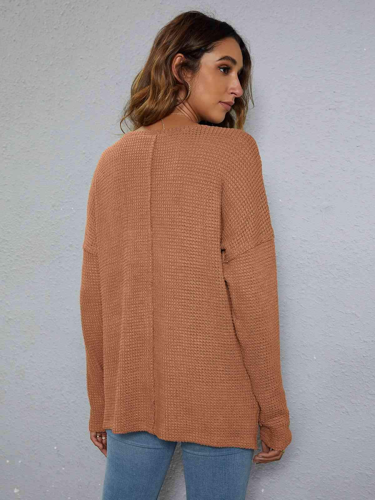 Dropped Shoulder High-Low Waffle-Knit Top Blouses - Tophatter Daily Deals