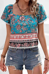 Bohemian Square Neck Short Sleeve Top Blouses - Tophatter Daily Deals