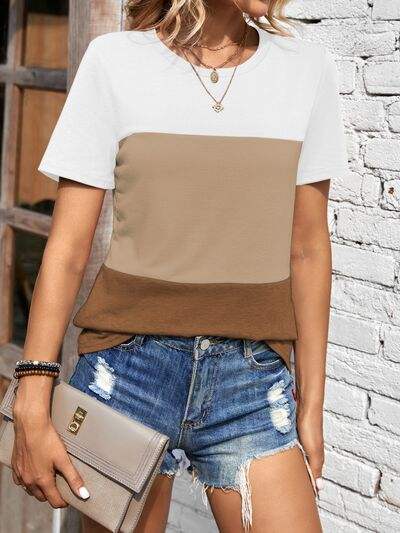 Color Block Round Neck Short Sleeve T-Shirt Women's T-Shirts - Tophatter Daily Deals