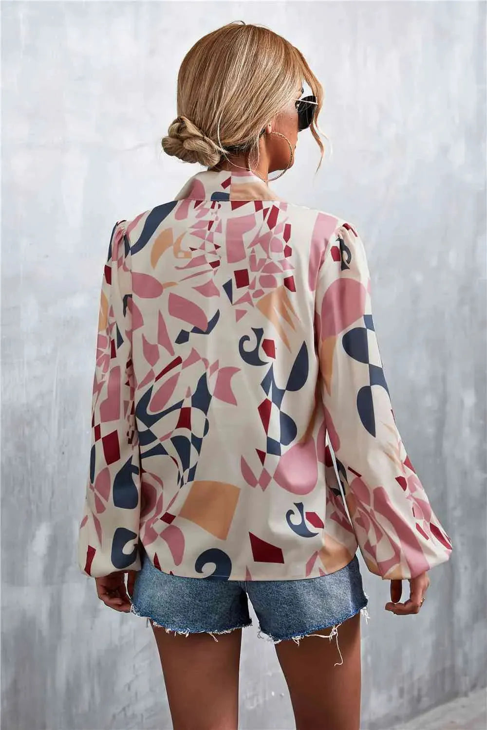 Printed Tie Neck Puff Sleeve Blouse Blouses - Tophatter Daily Deals