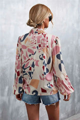 Printed Tie Neck Puff Sleeve Blouse Blouses - Tophatter Daily Deals