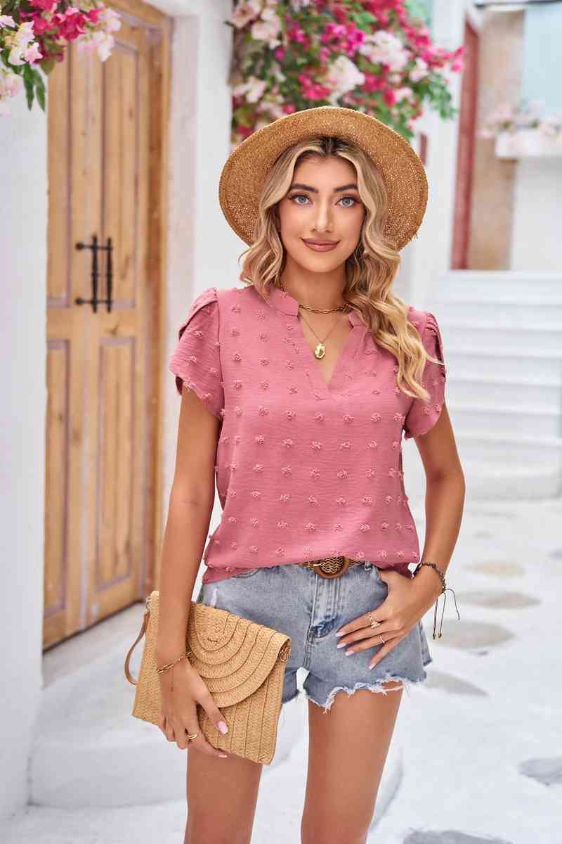 Swiss Dot Petal Sleeve Notched Top Women's T-Shirts - Tophatter Daily Deals