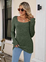 Square Neck Ribbed Long Sleeve T-Shirt Matcha Green Women's T-Shirts - Tophatter Daily Deals