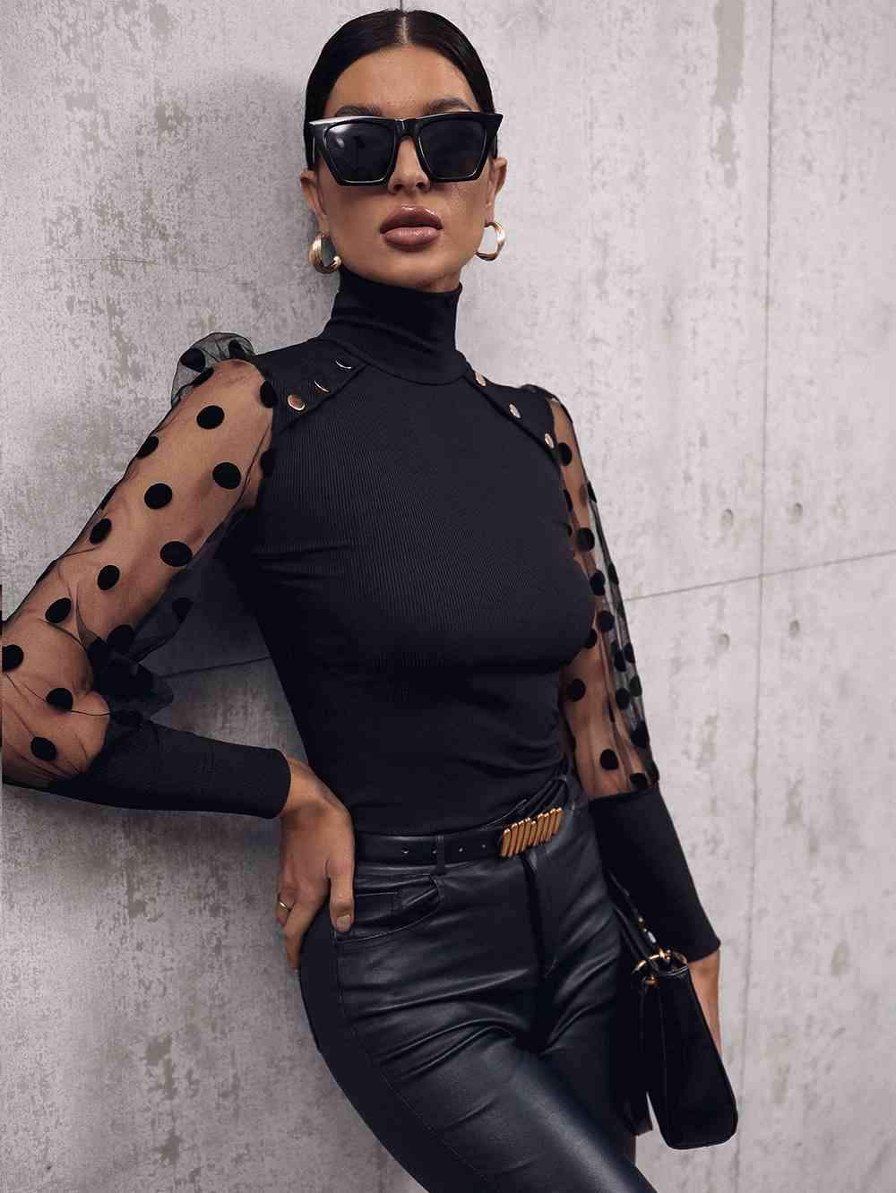 Buttoned Lantern Sleeve Turtle Neck Blouse Blouses - Tophatter Daily Deals