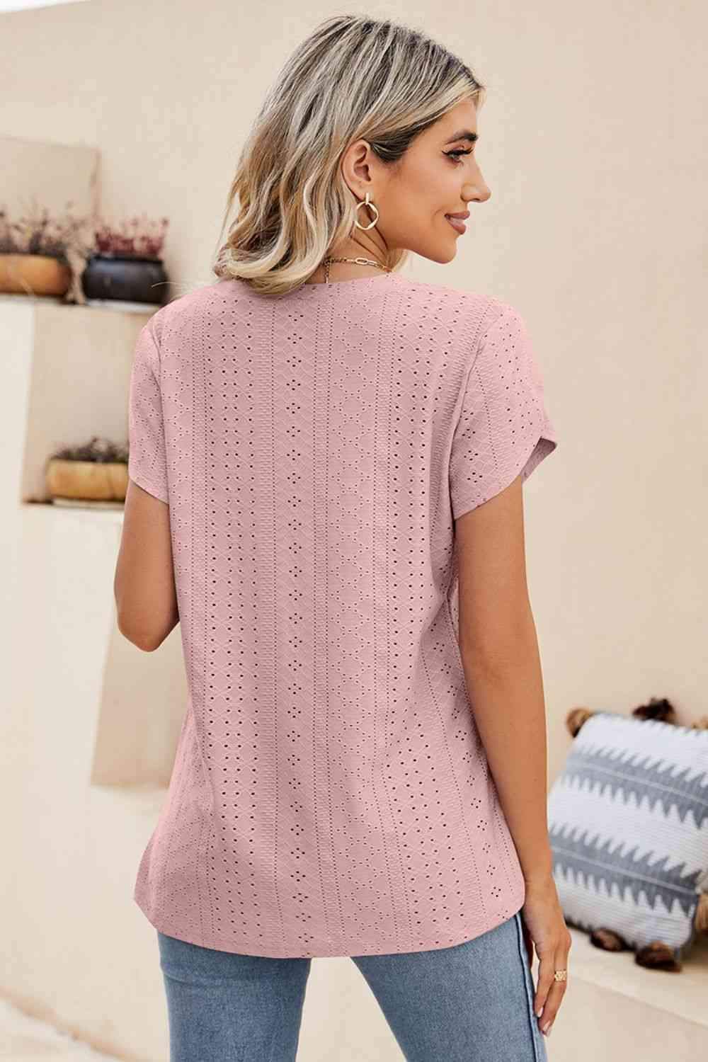 Eyelet Petal Sleeve V-Neck Knit Top Blouses - Tophatter Daily Deals