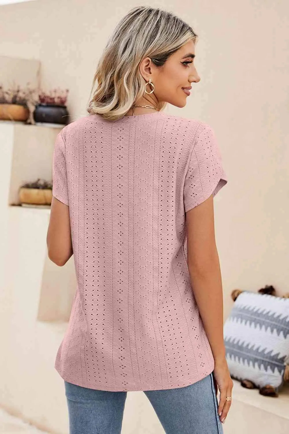 Eyelet Petal Sleeve V-Neck Knit Top Blouses - Tophatter Daily Deals