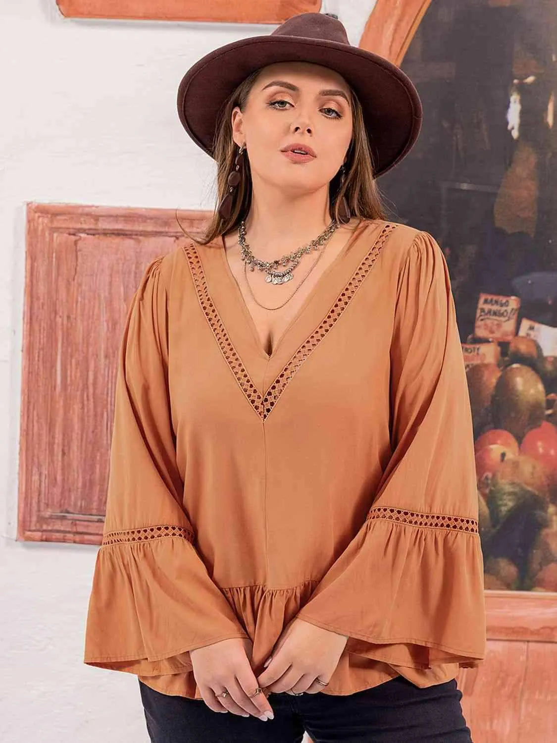 Plus Size V-Neck Peplum Blouse Caramel Blouses - Tophatter Daily Deals