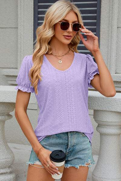 Eyelet Round Neck Flounce Sleeve T-Shirt Women's T-Shirts - Tophatter Daily Deals