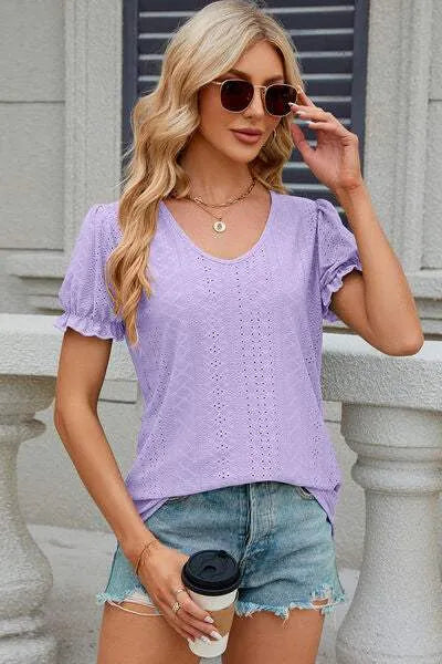 Eyelet Round Neck Flounce Sleeve T-Shirt Women's T-Shirts - Tophatter Daily Deals