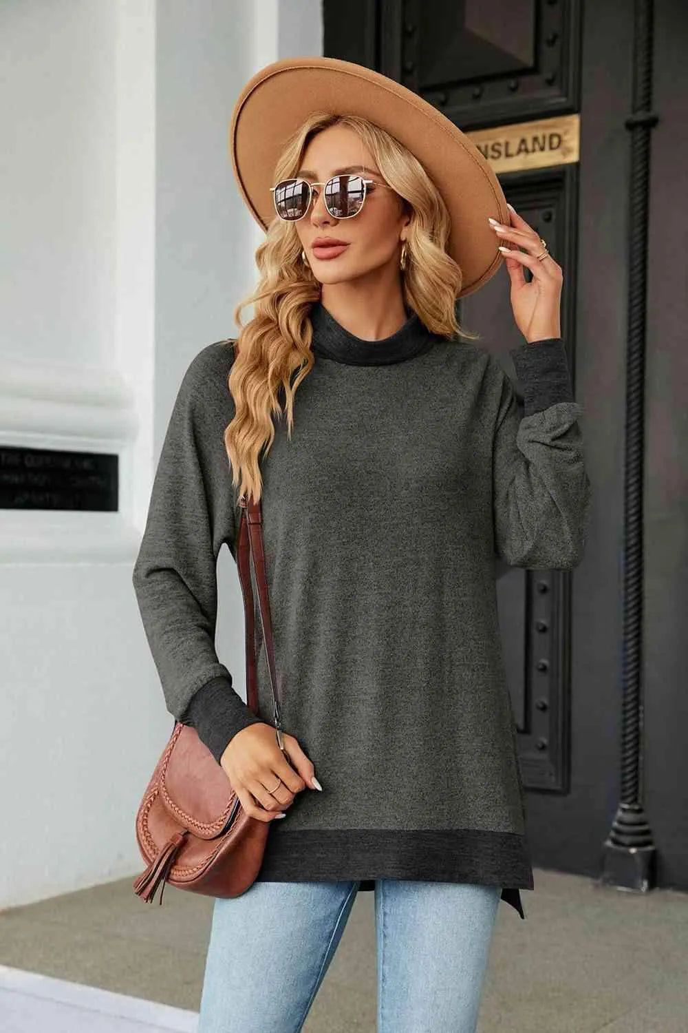 Turtle Neck Long Sleeve Slit Blouse Charcoal Blouses - Tophatter Daily Deals