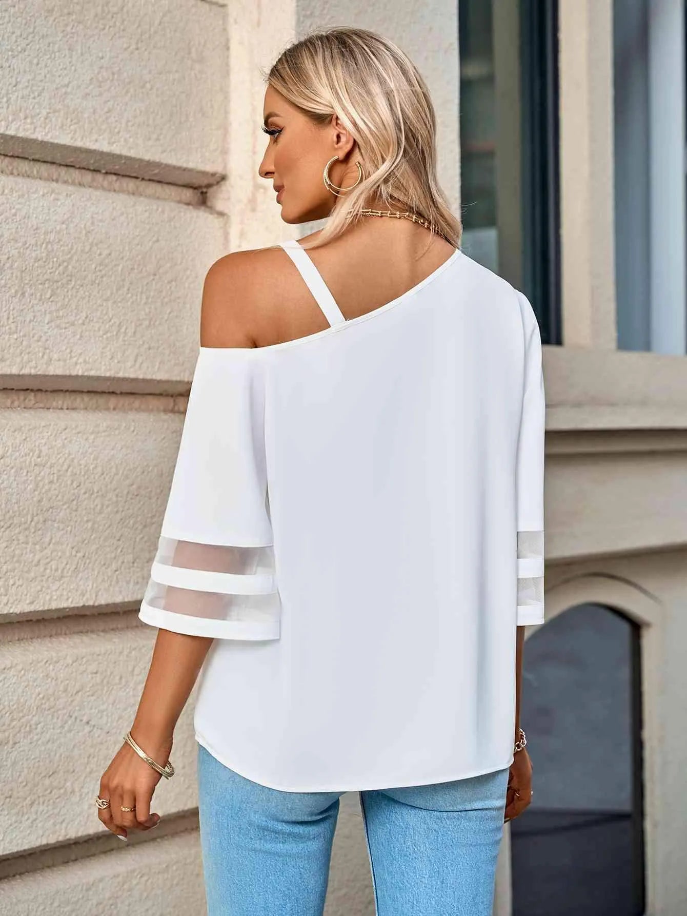 Asymmetrical Neck Sheer Striped Flare Sleeve Blouse Blouses - Tophatter Daily Deals