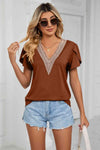 Contrast Trim Petal Sleeve V-Neck Top Brown Blouses - Tophatter Daily Deals