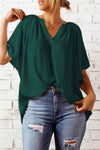 Gathered Detail Notched Neck Flutter Sleeve Top Green Blouses - Tophatter Daily Deals