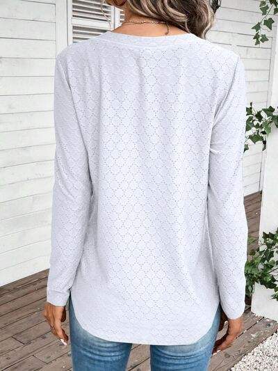 Eyelet V-Neck Long Sleeve T-Shirt Women's T-Shirts - Tophatter Daily Deals