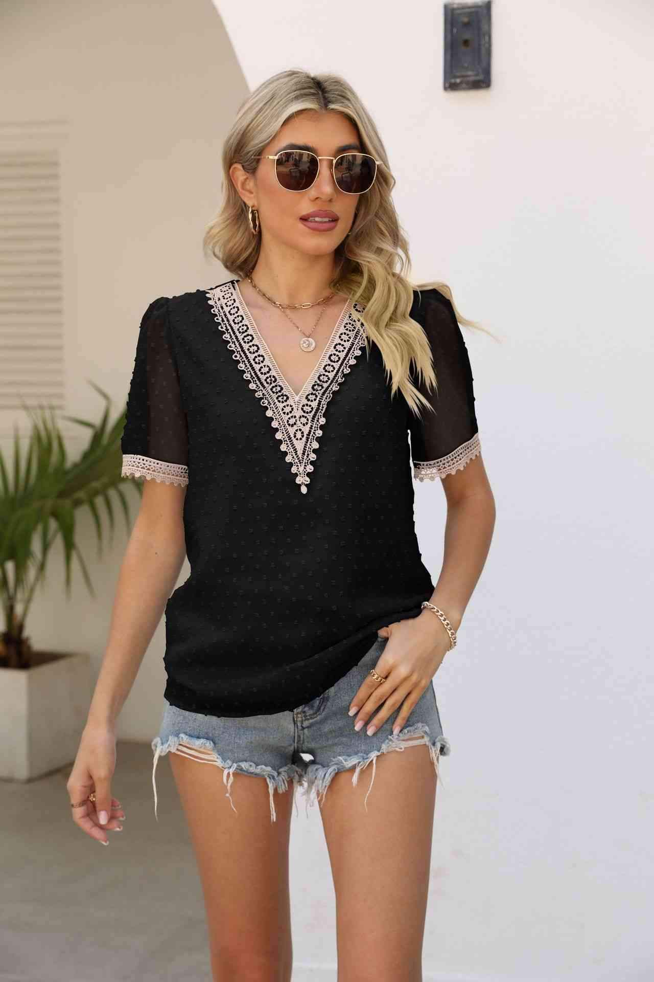 Contrast V-Neck Swiss Dot Top Black Blouses - Tophatter Daily Deals