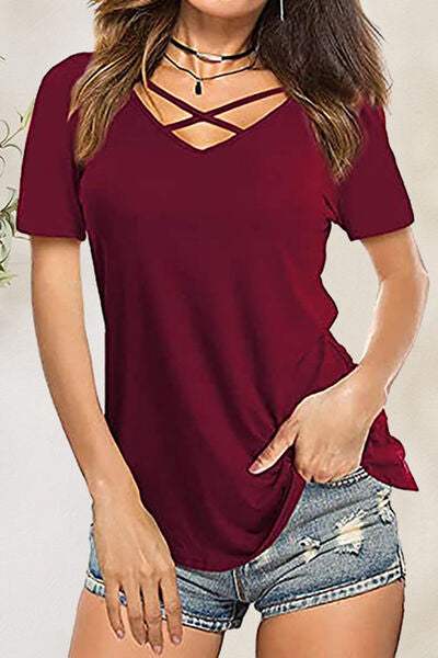 Crisscross Short Sleeve T-Shirt Wine Women's T-Shirts - Tophatter Daily Deals