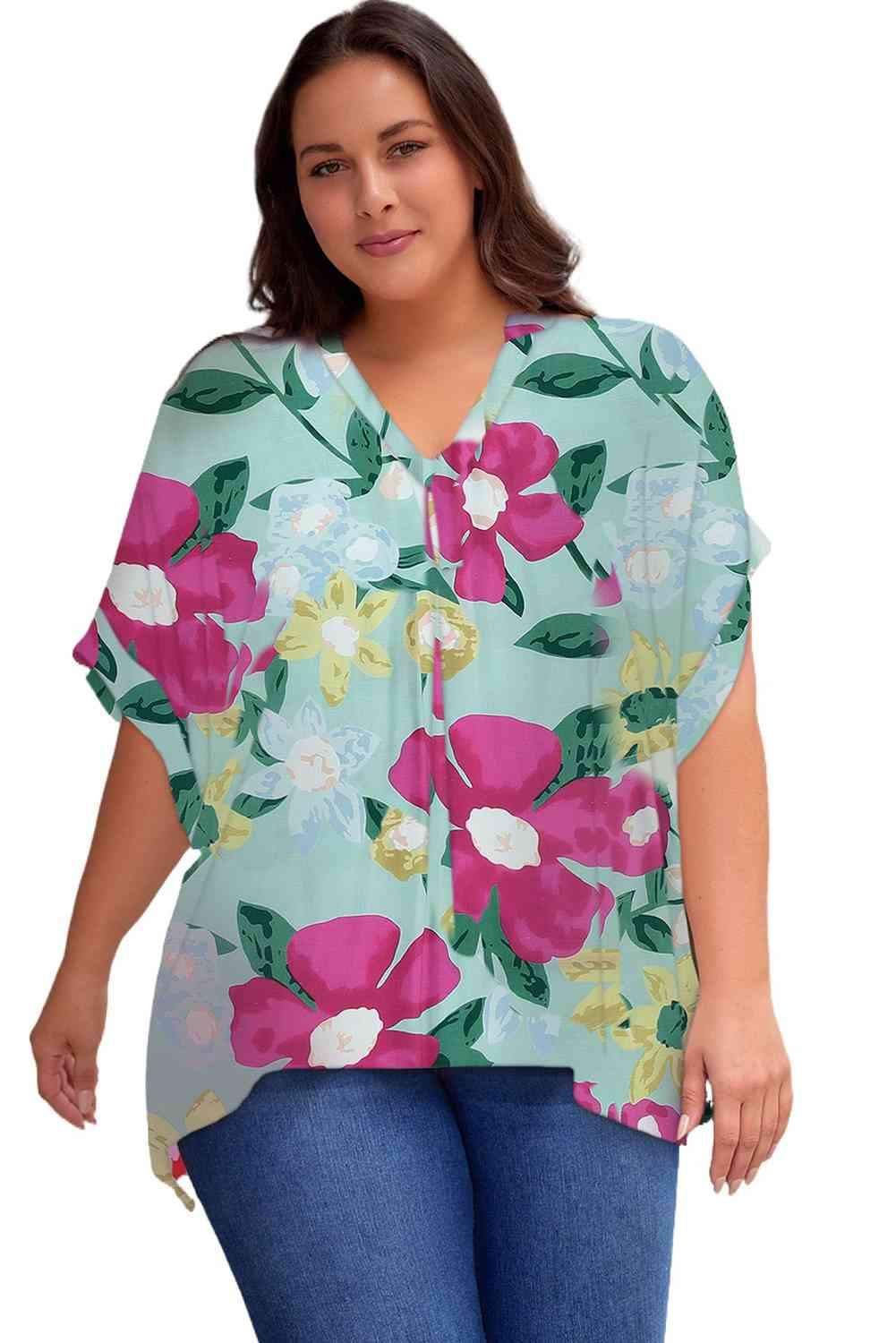 Plus Size Printed Notched Neck Half Sleeve Top Women's T-Shirts - Tophatter Daily Deals