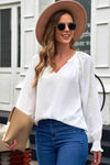 Notched Neck Lantern Sleeve Blouse Blouses - Tophatter Daily Deals