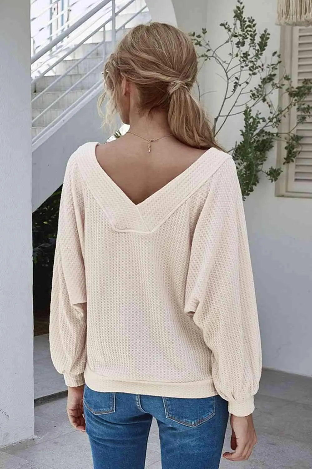 Boat Neck Waffle-Knit Lantern Sleeve Blouse with Pocket Blouses - Tophatter Daily Deals
