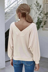 Boat Neck Waffle-Knit Lantern Sleeve Blouse with Pocket Blouses - Tophatter Daily Deals