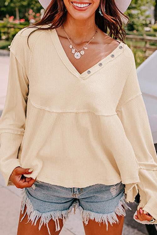 Waffle Knit Button Detail Exposed Seam Flowy Top Women's T-Shirts - Tophatter Daily Deals