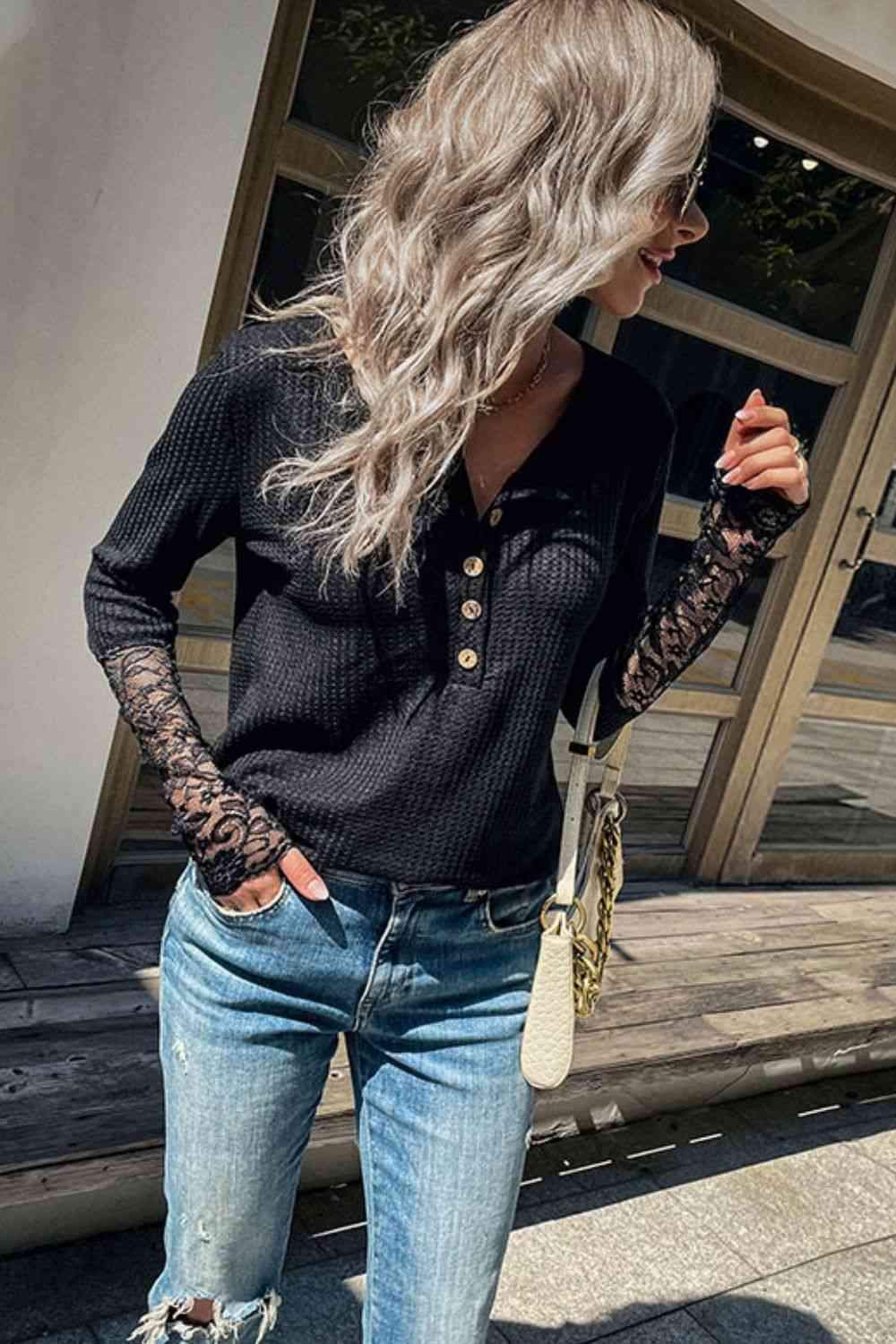 Half Button Spliced Lace Waffle-Knit Top Black Blouses - Tophatter Daily Deals