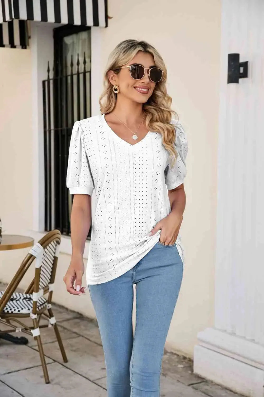 Eyelet Puff Sleeve V-Neck Top Blouses - Tophatter Daily Deals