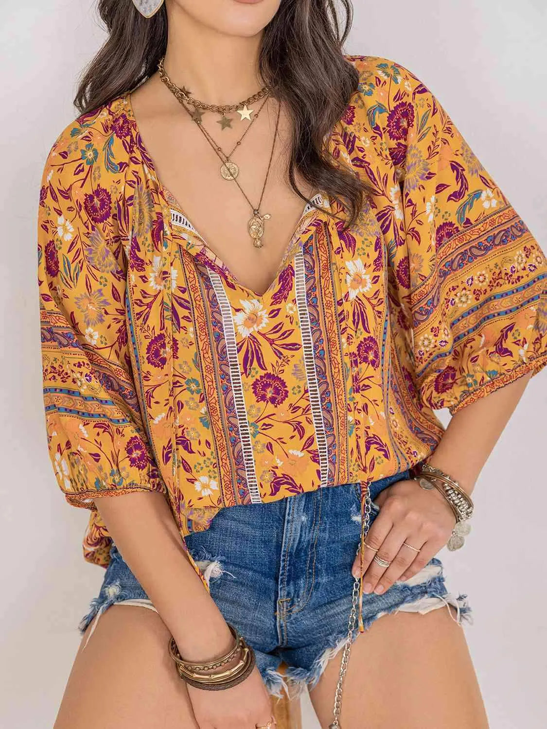 Printed Tie Neck Blouse Blouses - Tophatter Daily Deals