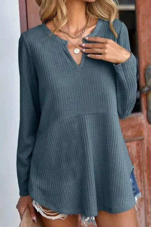Waffle-Knit Notched Long Sleeve Blouse Blouses - Tophatter Daily Deals
