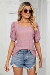 Eyelet Puff Sleeve Round Neck Top Pink Blouses - Tophatter Daily Deals