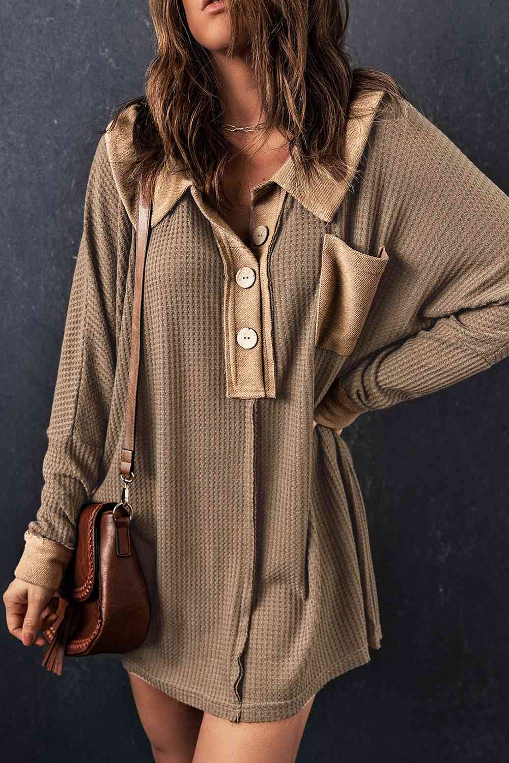 Waffle Knit Buttoned Long Sleeve Top with Breast Pocket - Tophatter Deals