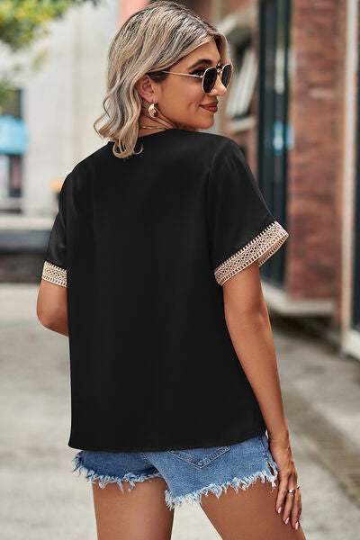 Openwork V-Neck Short Sleeve T-Shirt Women's T-Shirts - Tophatter Daily Deals