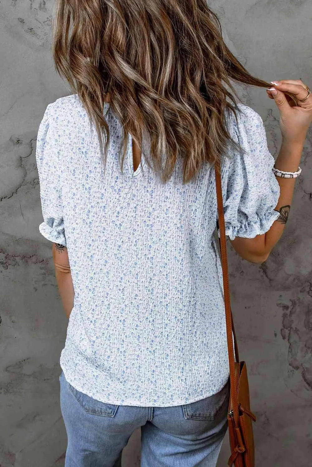 Printed Round Neck Half Flounce Sleeve Top Blouses - Tophatter Daily Deals