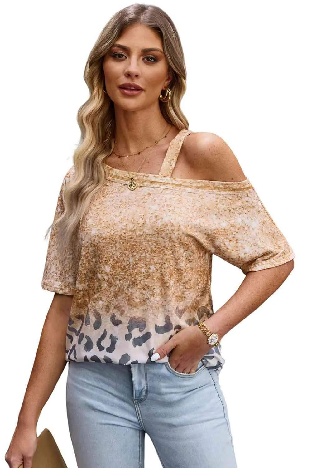 Leopard Asymmetrical Neck Cold-Shoulder Blouse Blouses - Tophatter Daily Deals