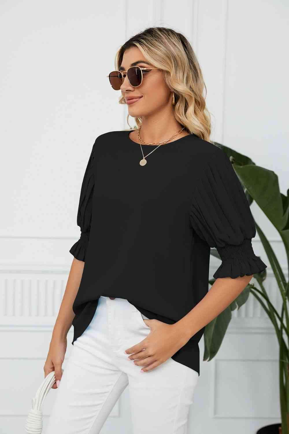 Pleated Flounce Sleeve Keyhole Blouse Blouses - Tophatter Daily Deals