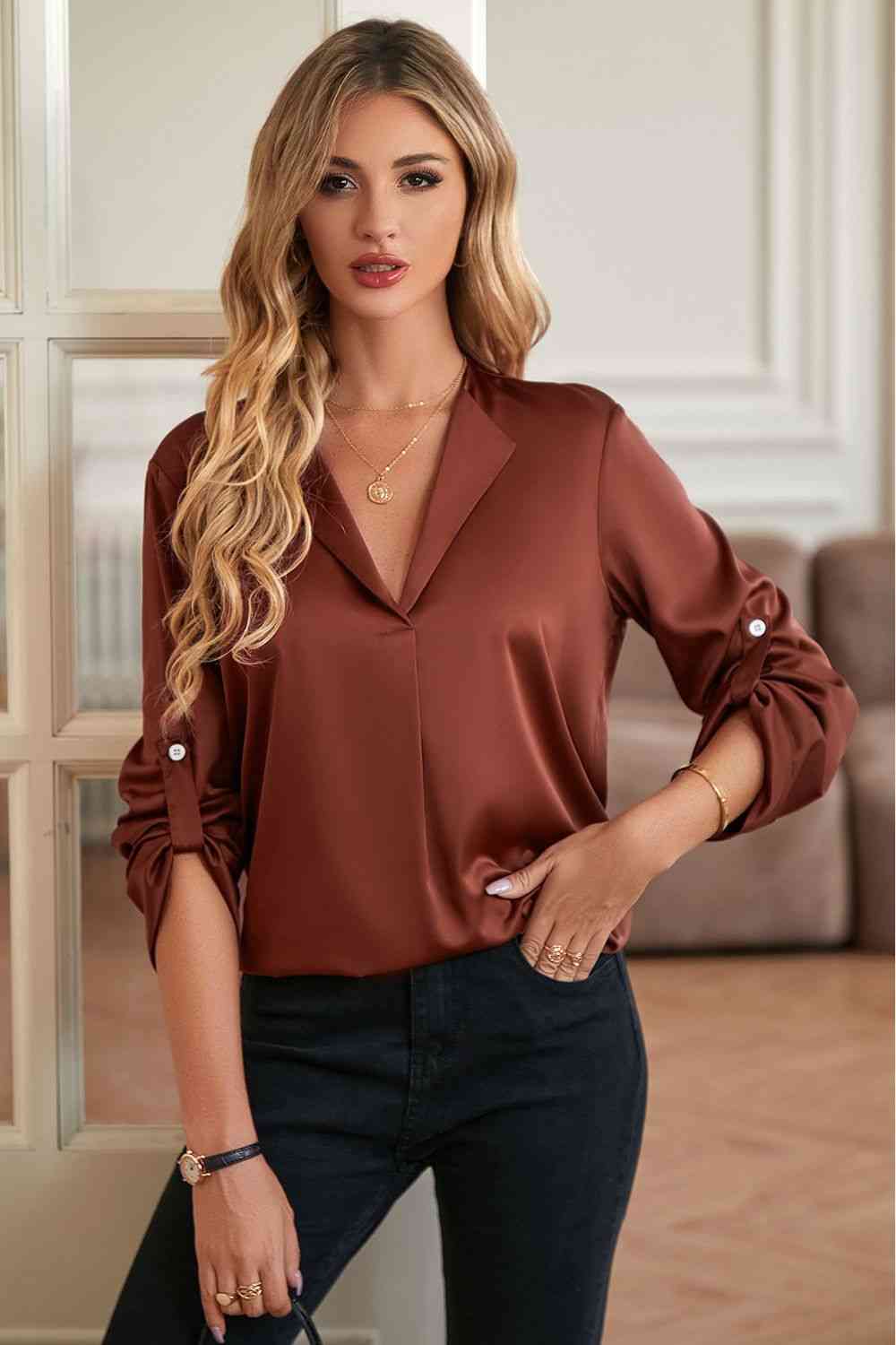 Roll-Tab Sleeve Collared Neck Blouse - Tophatter Deals