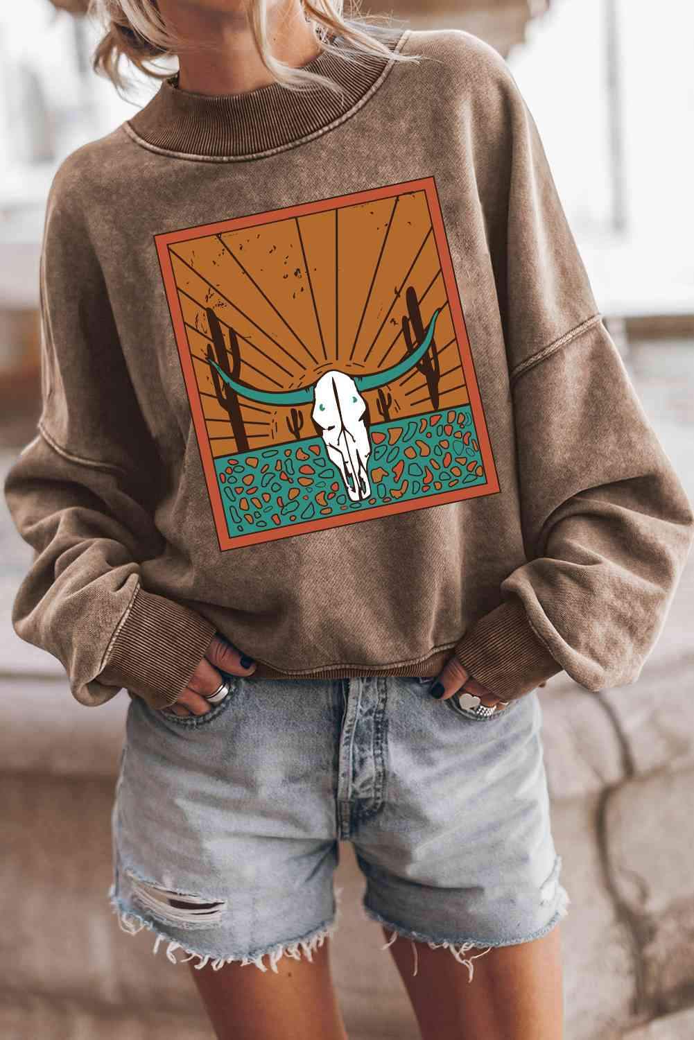 Round Neck Dropped Shoulder Graphic Sweatshirt Camel - Tophatter Daily Deals